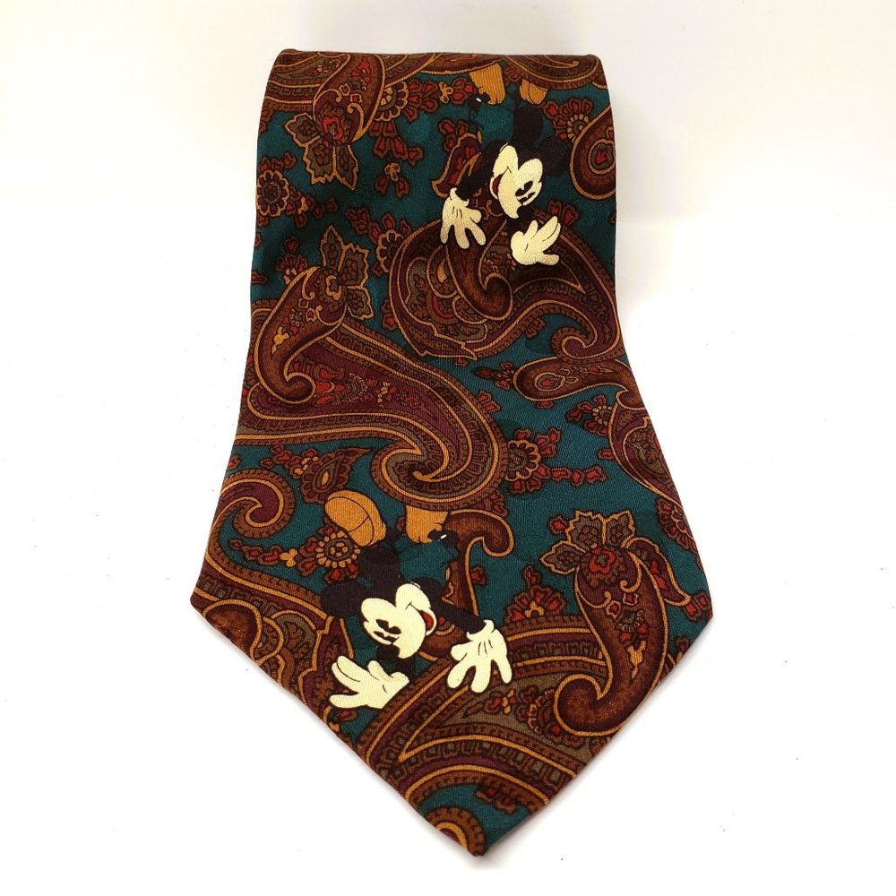 Disney 100% Silk Tie Mickey Mouse Paisley Green Brown Handmade Korea